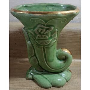 Apco American Bisque Green 22 Kt Gold Cornucopia Vase Hand Painted 4 3/4"